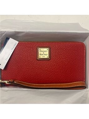 Dooney & Bourke Red Pebbled Leather Zip Wristlet with Tan Strap
